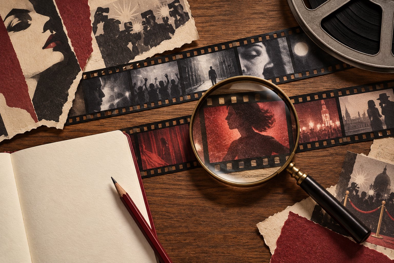 Conceptual illustration of a magnifying glass over filmstrips beside a blank notebook and pencil on a wooden desk.