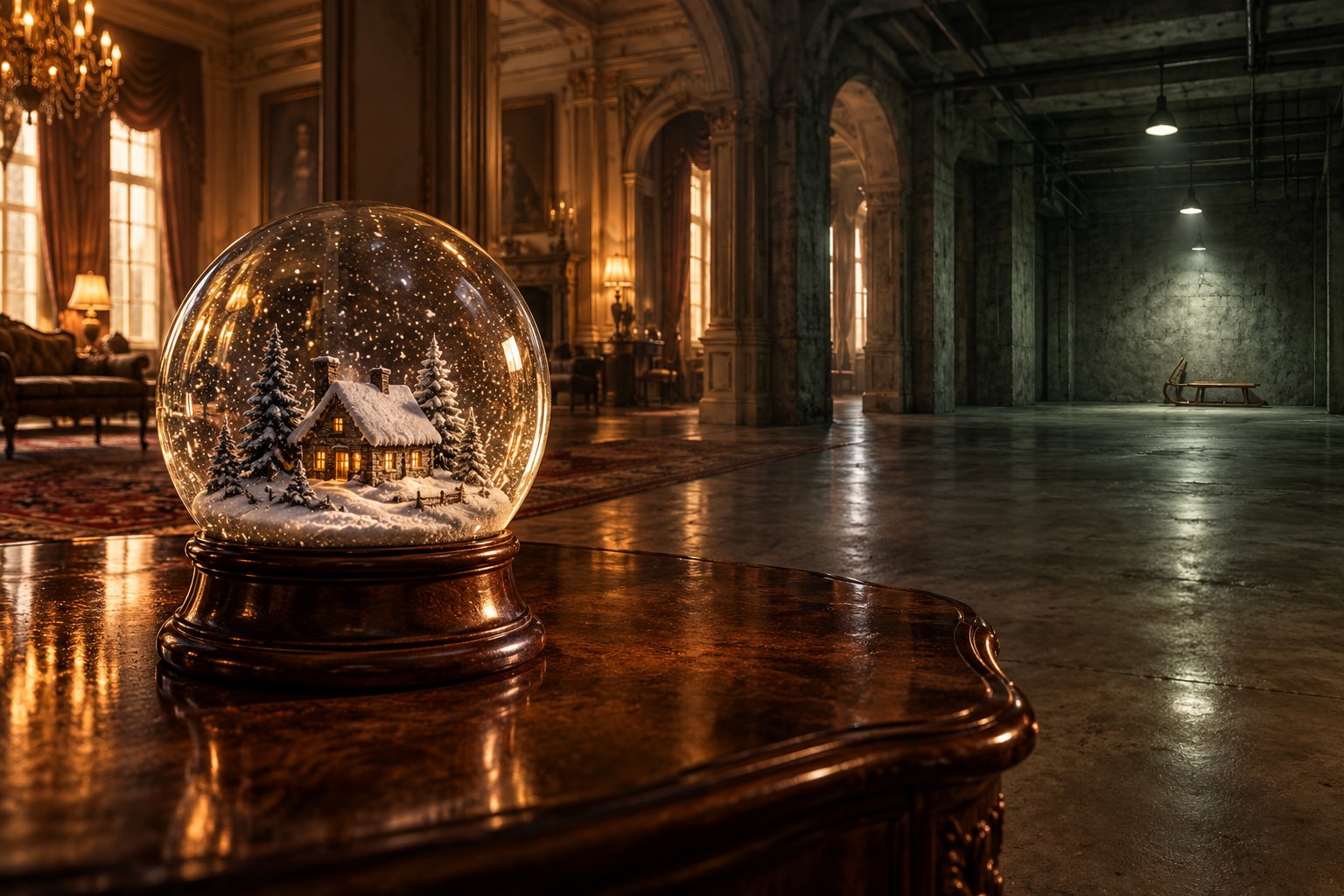 A snow globe on a wooden table overlooks an imagined interior connecting a grand mansion with a bare concrete basement.