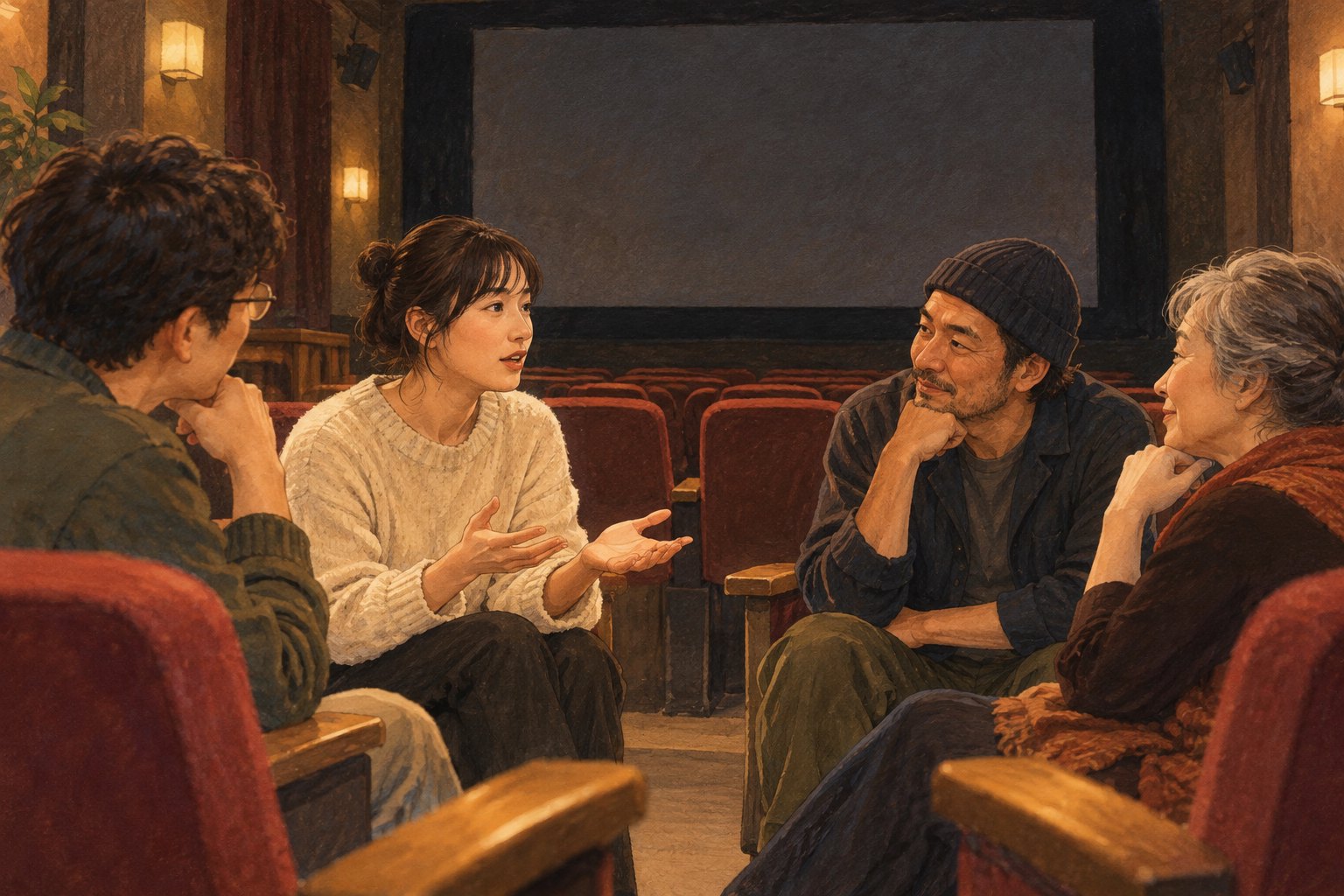 四位成年观众在放映空间交流观影感受的概念插画,非活动现场记录