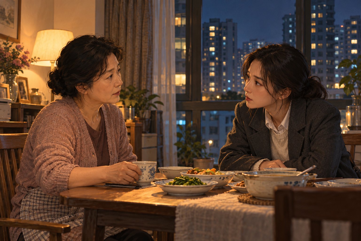 现代上海住宅里,母亲与成年女儿隔着餐桌认真交谈,窗外是城市夜景,原创情境插画
