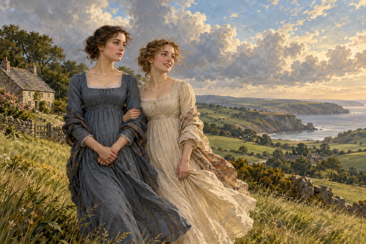 Painterly illustration of two sisters in blue and cream period dresses overlooking the Devon coast beside a stone cottage.