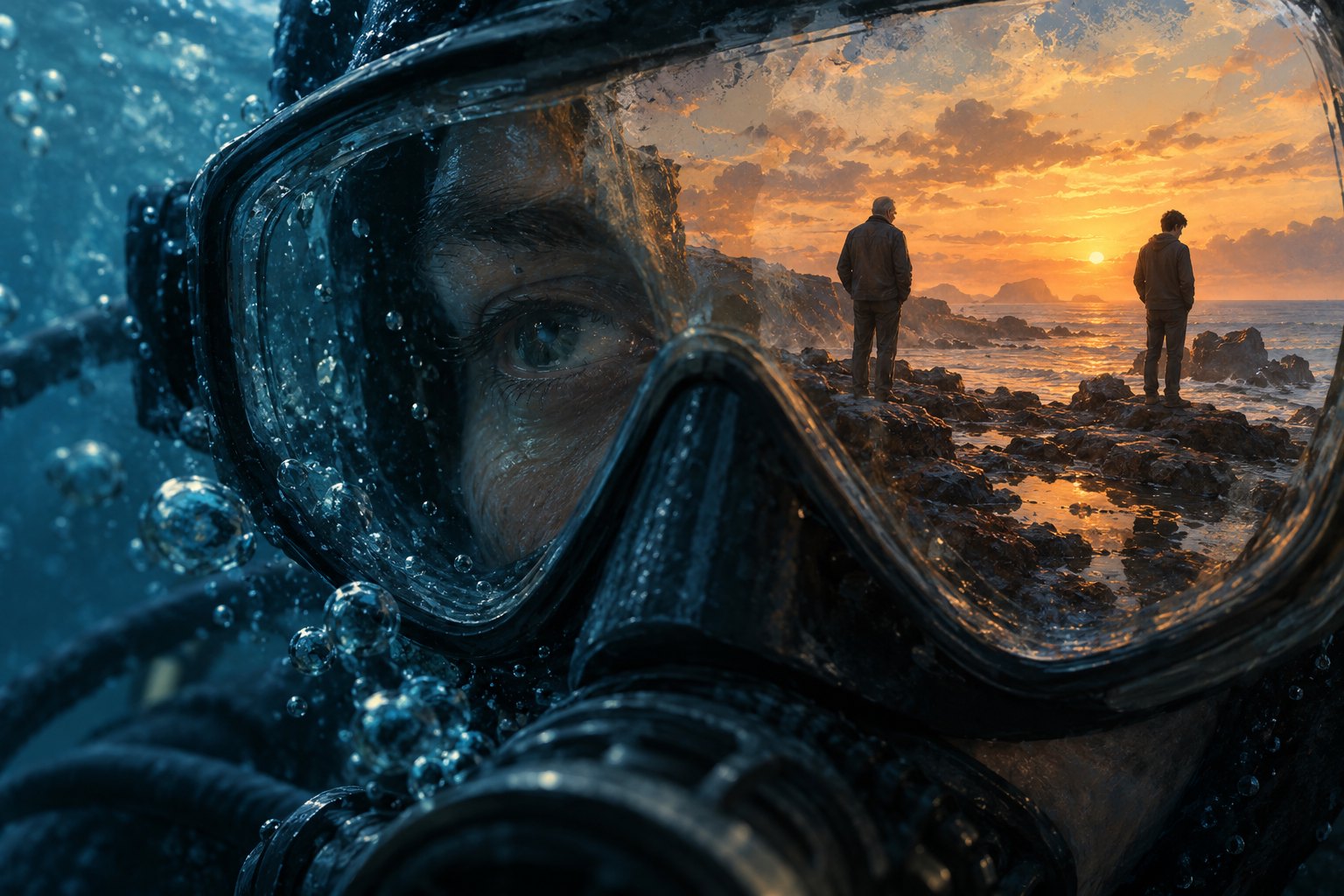 Concept illustration of a diver’s mask reflecting a father and son standing apart on a rocky shore at sunset.