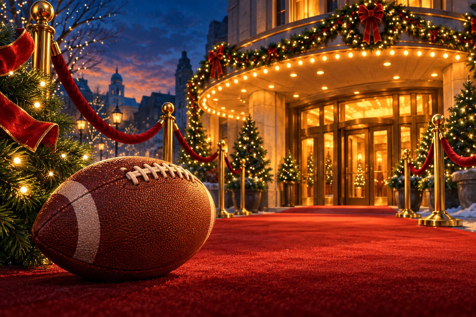 Editorial illustration of a football beside velvet ropes outside a warmly lit theater decorated for the holidays.
