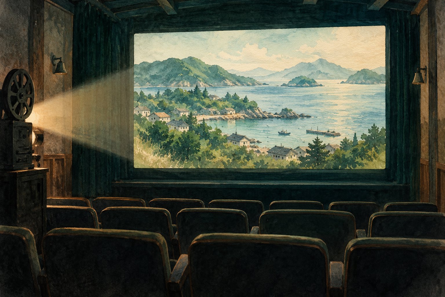 概念插画:朴素放映厅的银幕上呈现海湾、绿色林带与村舍