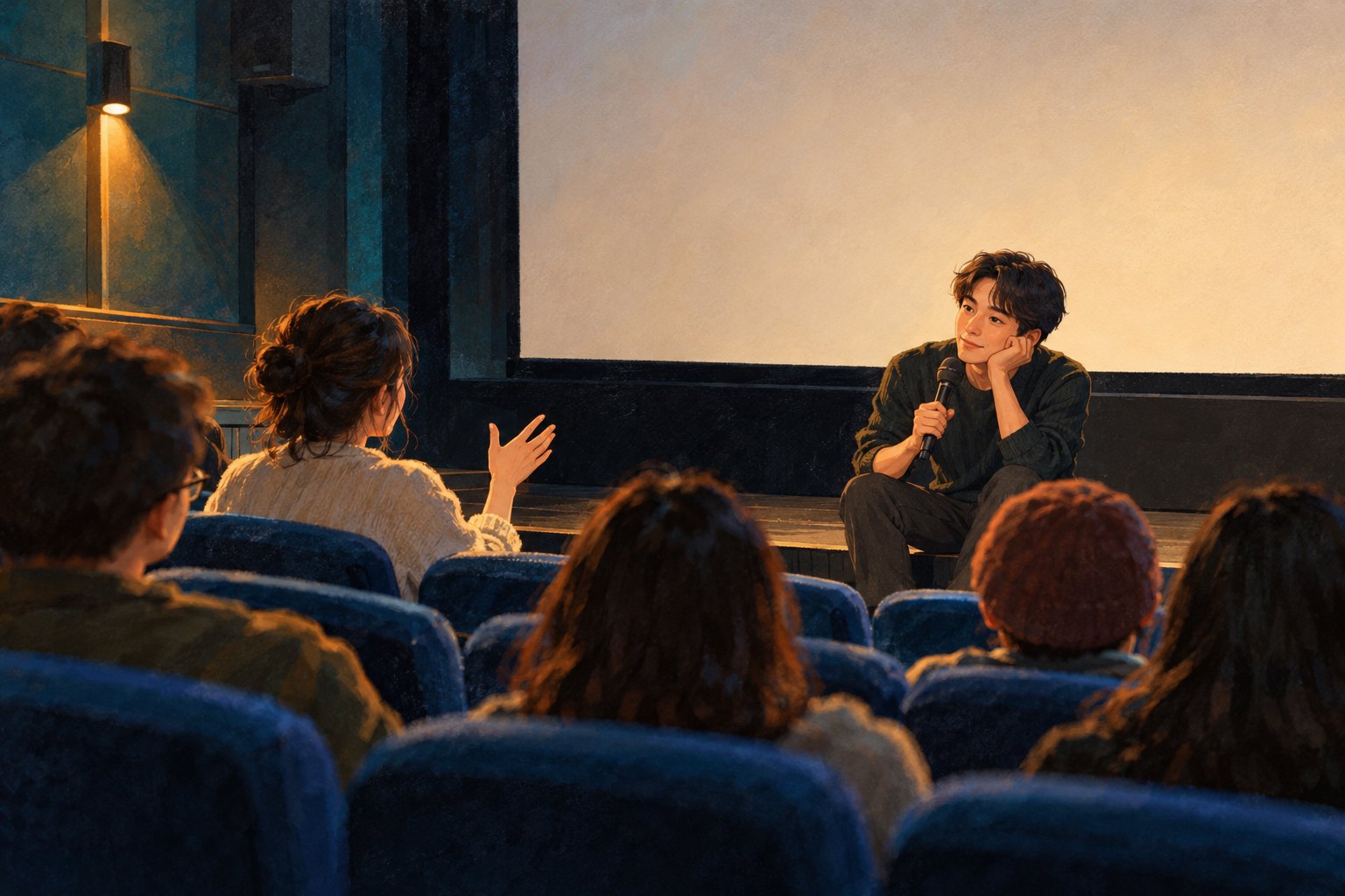 小型放映厅内，年轻创作者手持话筒倾听观众提问，映后交流概念插画