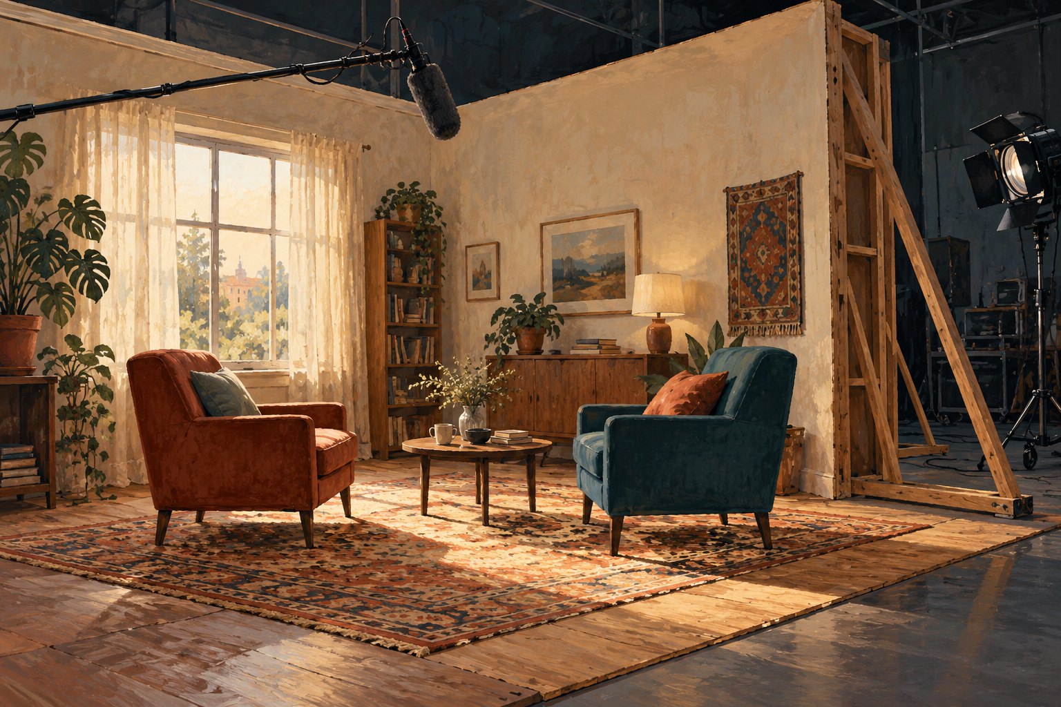 An illustrated living room film set with two empty armchairs, an overhead microphone, and exposed wooden wall supports.