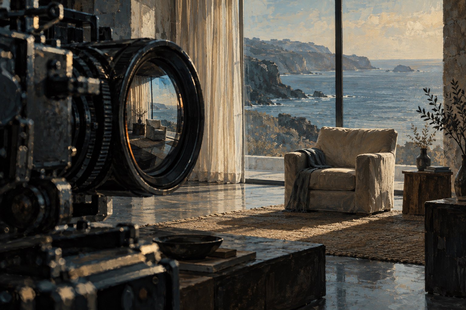 Conceptual illustration of a cinema camera facing an empty armchair in a coastal living room.