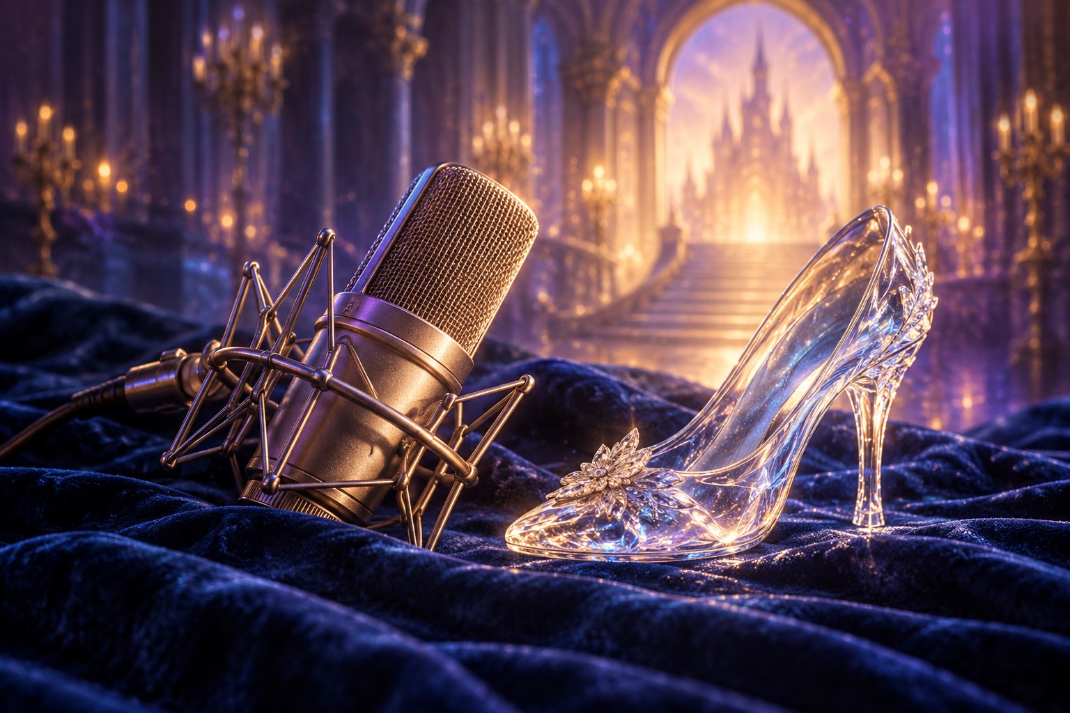 Conceptual illustration of a studio microphone and glass slipper on blue velvet before a glowing palace arch.