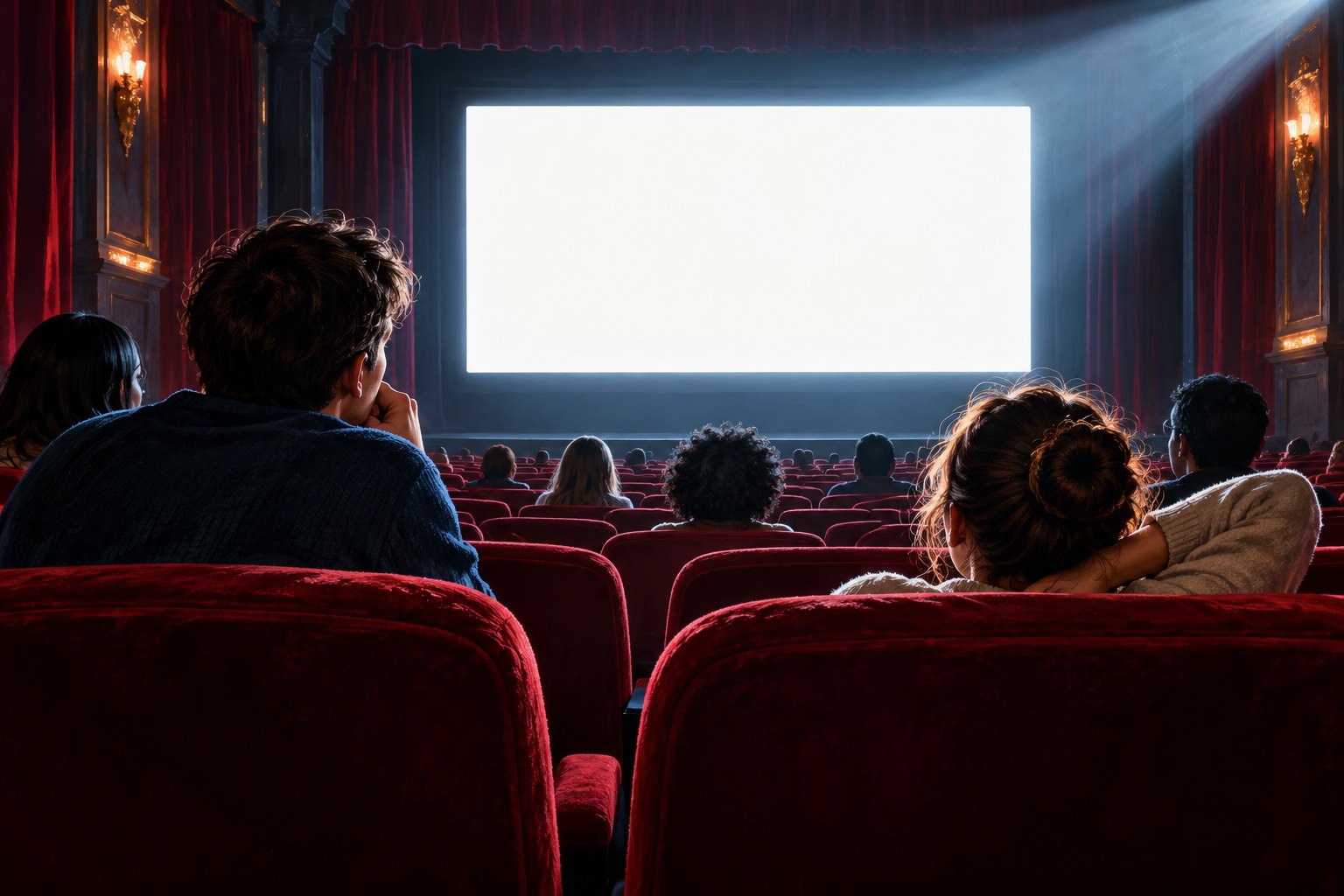Conceptual illustration of viewers in red theater seats facing a glowing blank screen.