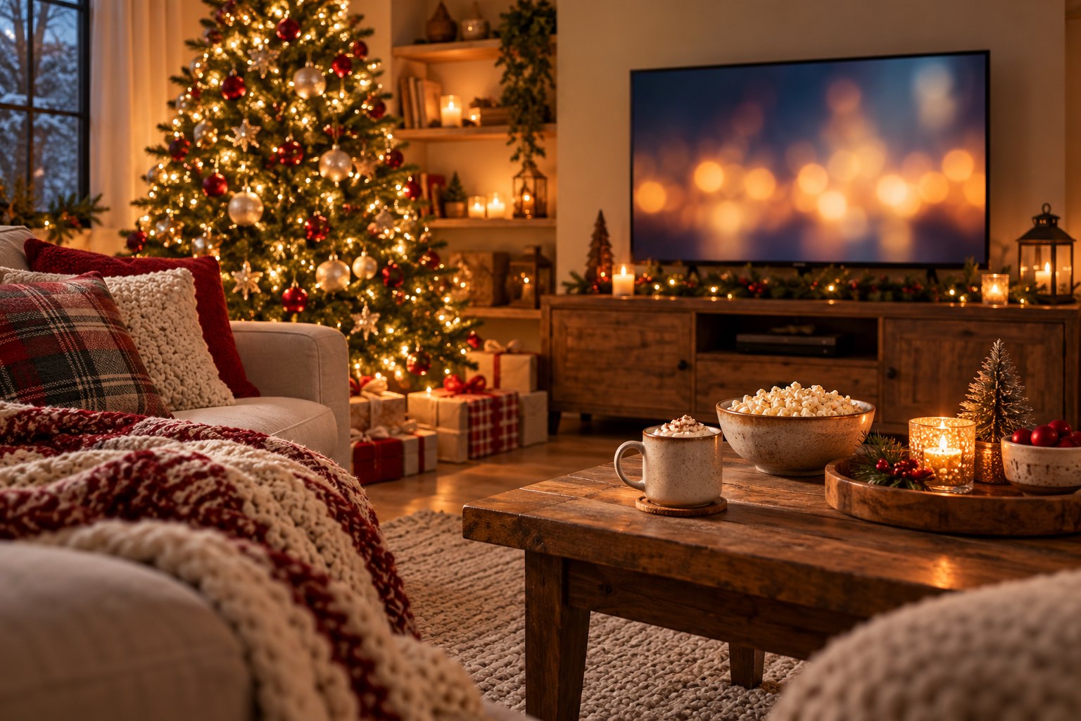 A warmly lit living room with a Christmas tree, television, knitted throw, and mug ready for a holiday movie night.
