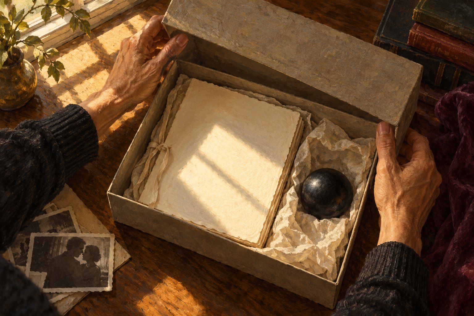 Conceptual editorial illustration of hands opening an archival box containing blank aged papers and a small black sphere.