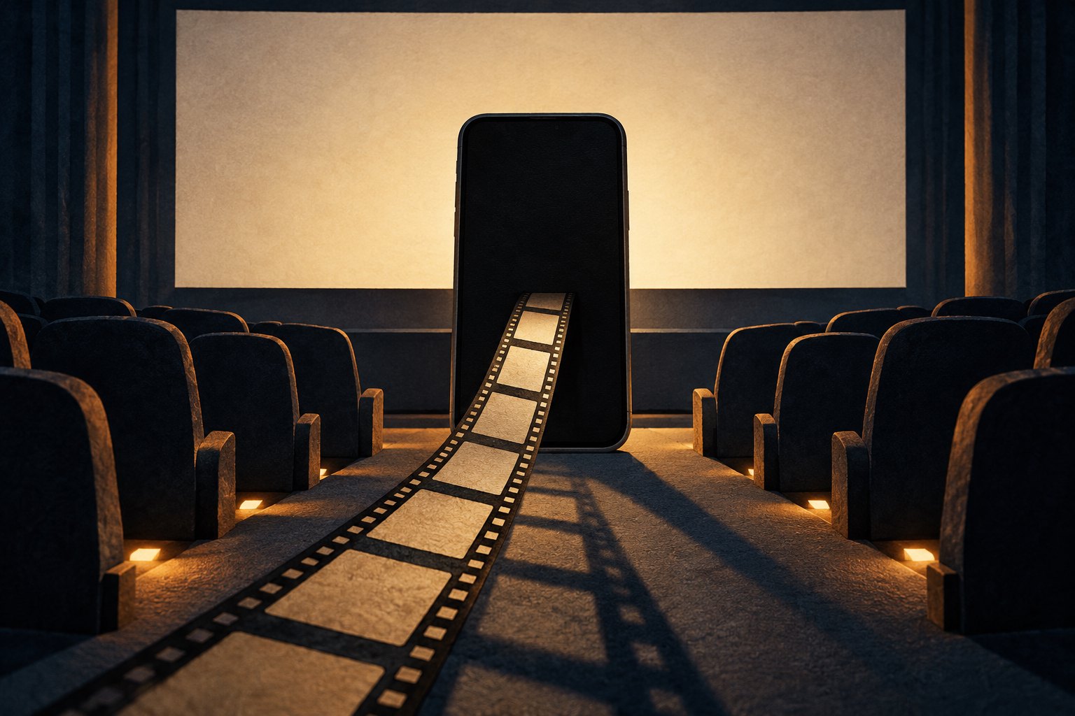 Conceptual illustration of a dark smartphone and a filmstrip in the aisle of an empty movie theater.