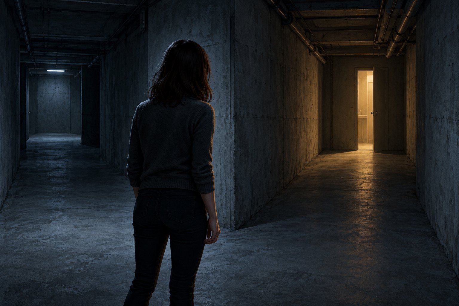 Conceptual illustration of a woman watching a lit doorway from a shadowy concrete corridor.