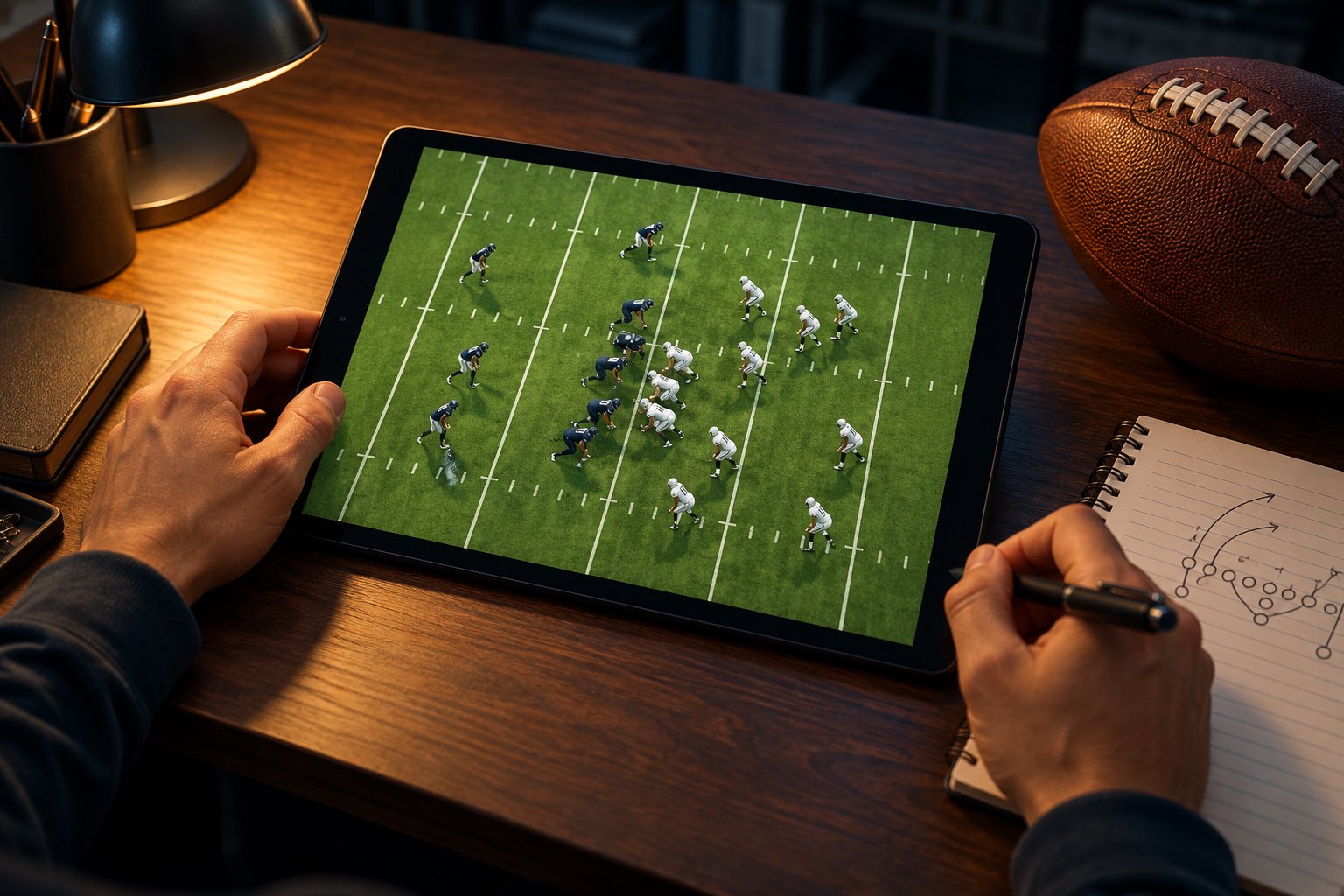 Conceptual illustration of an analyst studying football formations on an unbranded tablet beside a football and notebook.