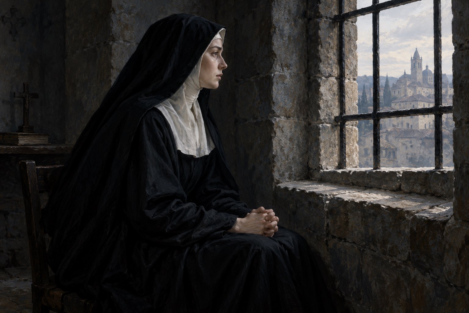 An interpretive illustration of a nun sitting beside a barred convent window overlooking a distant town.
