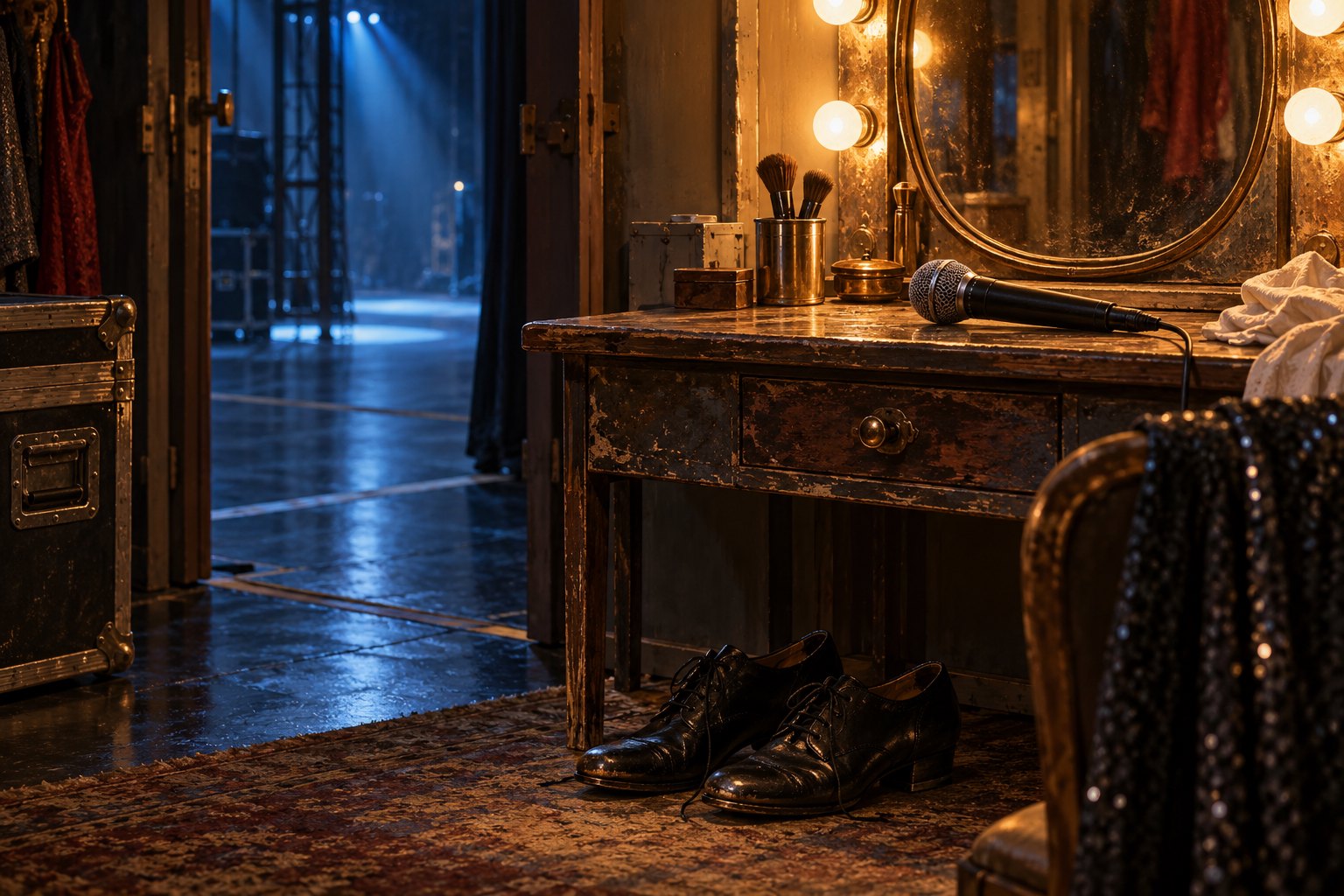 Editorial illustration of a backstage dressing table with a microphone, an illuminated mirror, and dance shoes beside a doorway to a blue-lit stage.