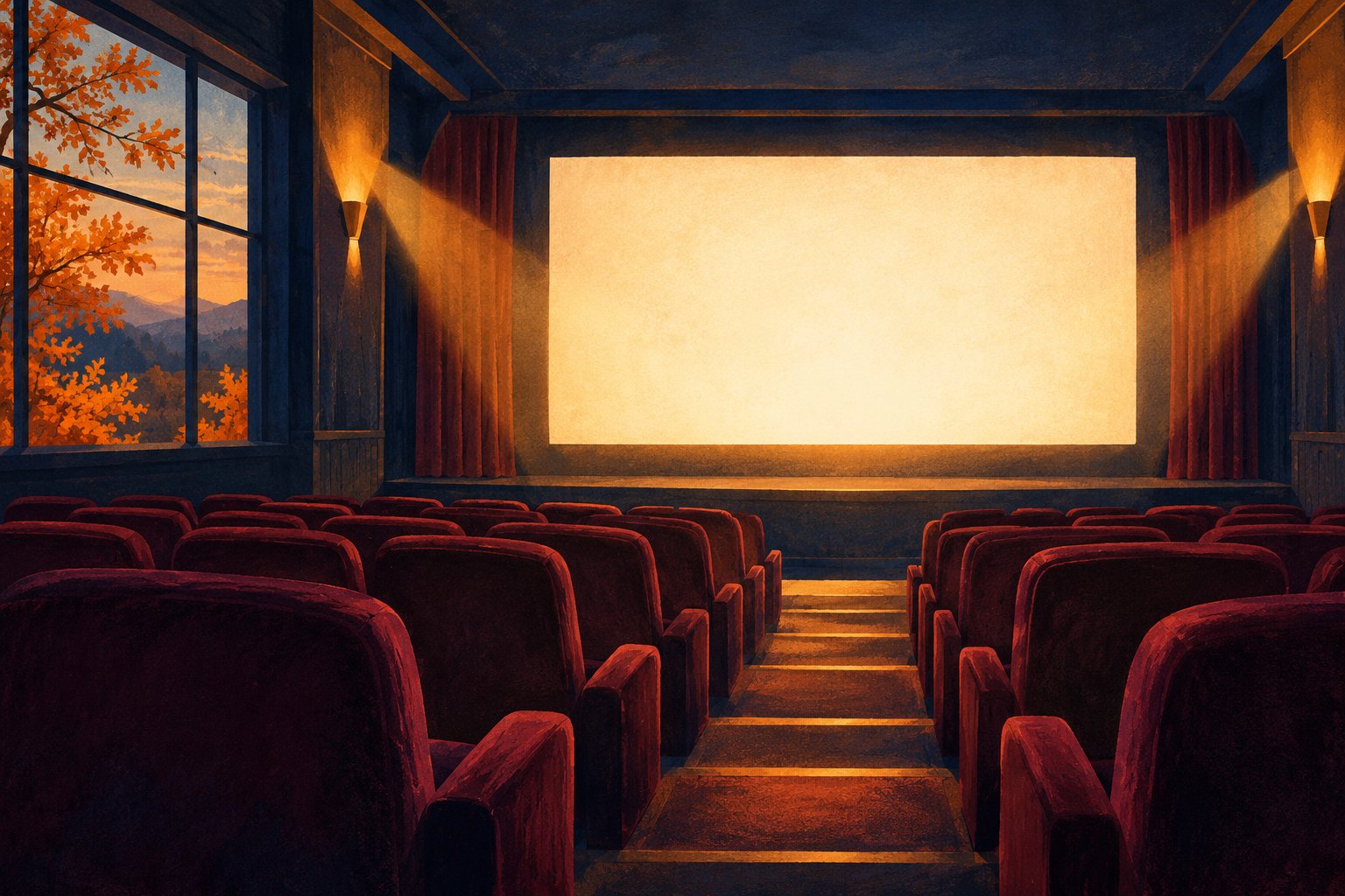 Illustration of an intimate cinema with burgundy seats, a glowing blank screen, and autumn trees outside a window.