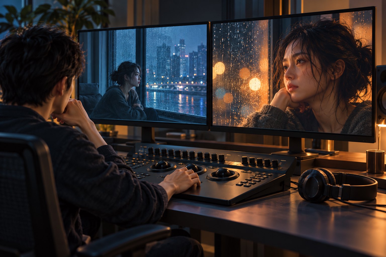 剪辑师对照雨夜窗边人物的远景与近景，观察构图和光线带来的情绪变化，画面为概念示意