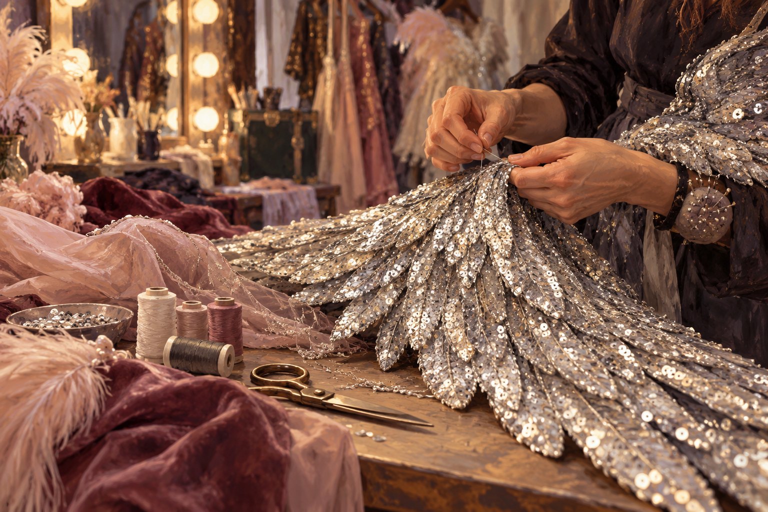 Conceptual illustration of hands stitching a silver sequined costume wing beside thread, scissors, and softly glowing dressing-room lights.
