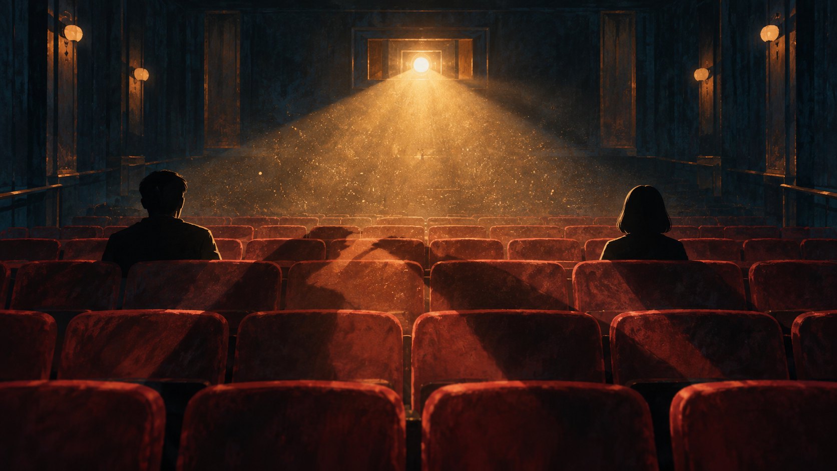 概念插畫:兩道人影分坐戲院座席,放映光束映出交錯陰影,非電影劇照