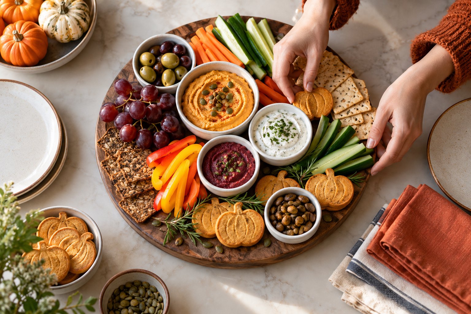 Hands arrange vegetables, dips, crackers, and pumpkin-shaped cookies on a movie-night snack tray.