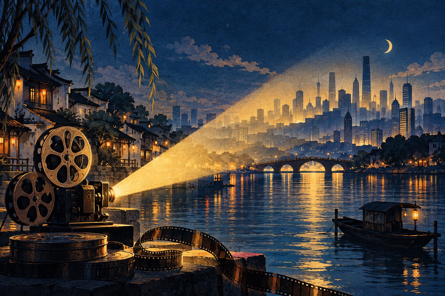 概念插画：放映机的暖金色光束越过江南城市水岸，照向远处的城市剪影