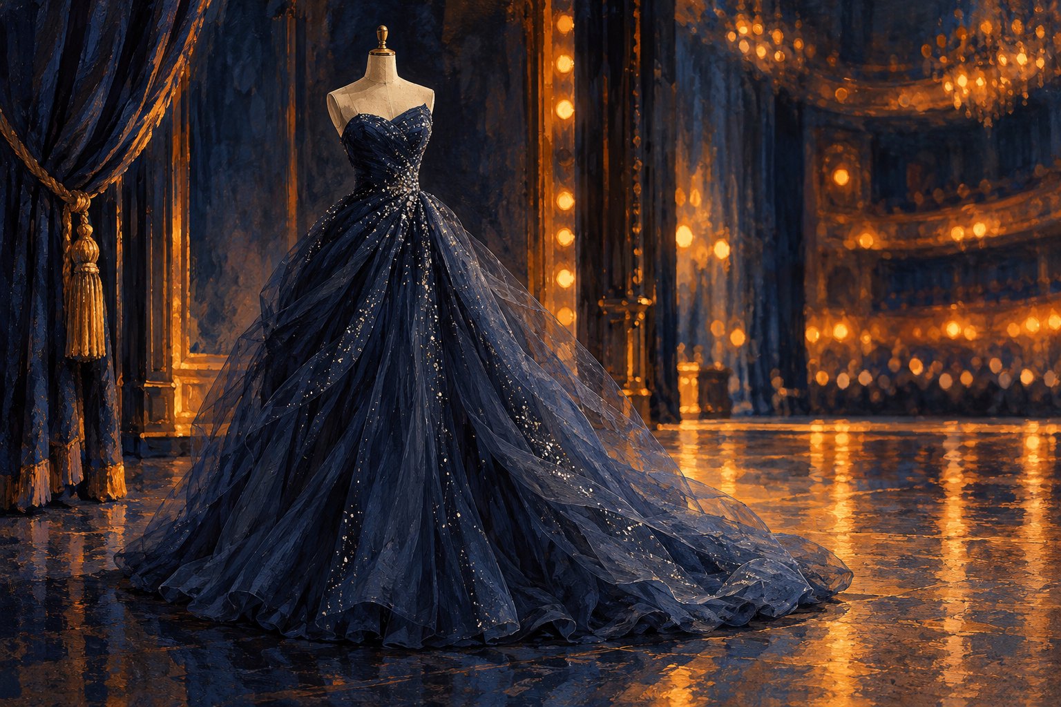 Conceptual illustration of a glittering navy tulle gown on a dress form against a warmly lit theatrical backdrop.