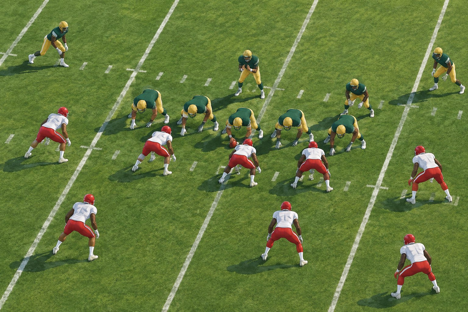 Conceptual overhead illustration of football players in green-and-gold and red-and-white uniforms lining up before the snap.