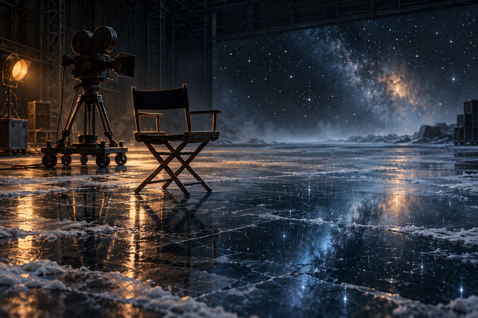 Conceptual illustration of an empty director’s chair and movie camera beside an icy floor reflecting a starfield.