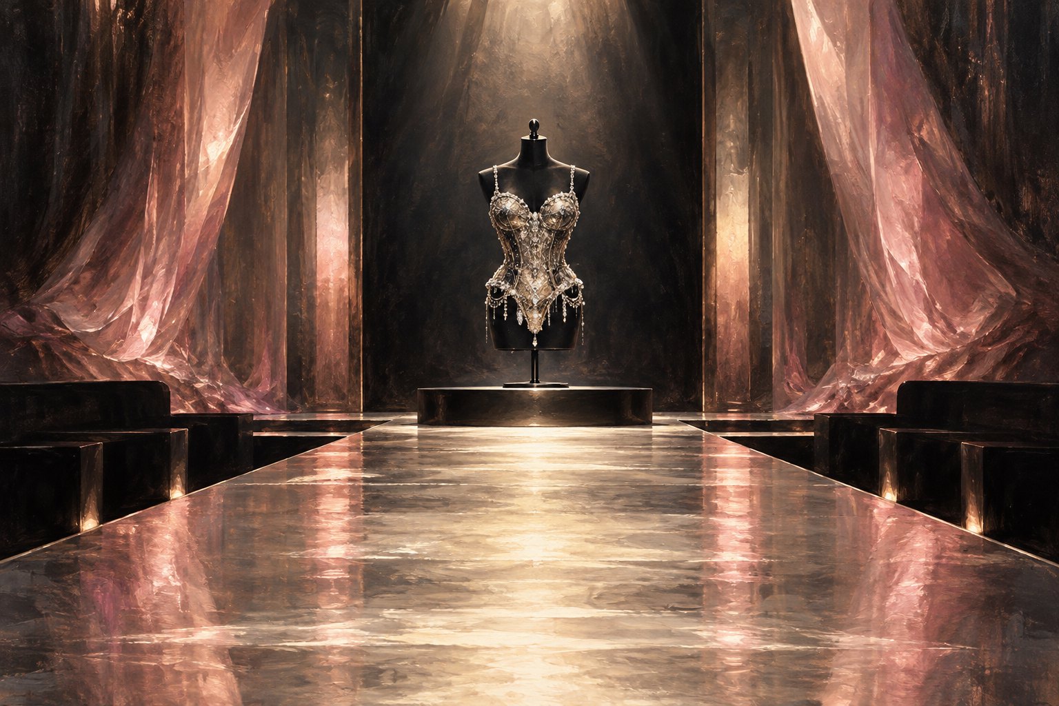 Conceptual illustration of a jeweled bustier on a black display form at the end of an empty, softly illuminated runway.