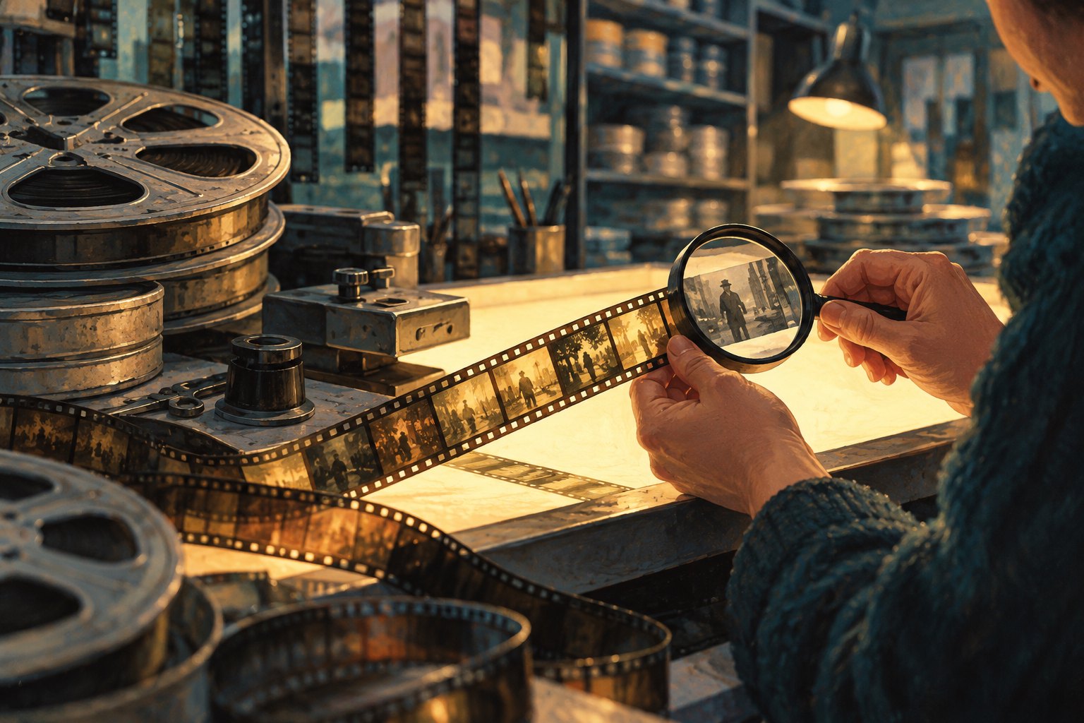 Conceptual illustration of hands examining a filmstrip with a magnifying glass at an illuminated archive table.