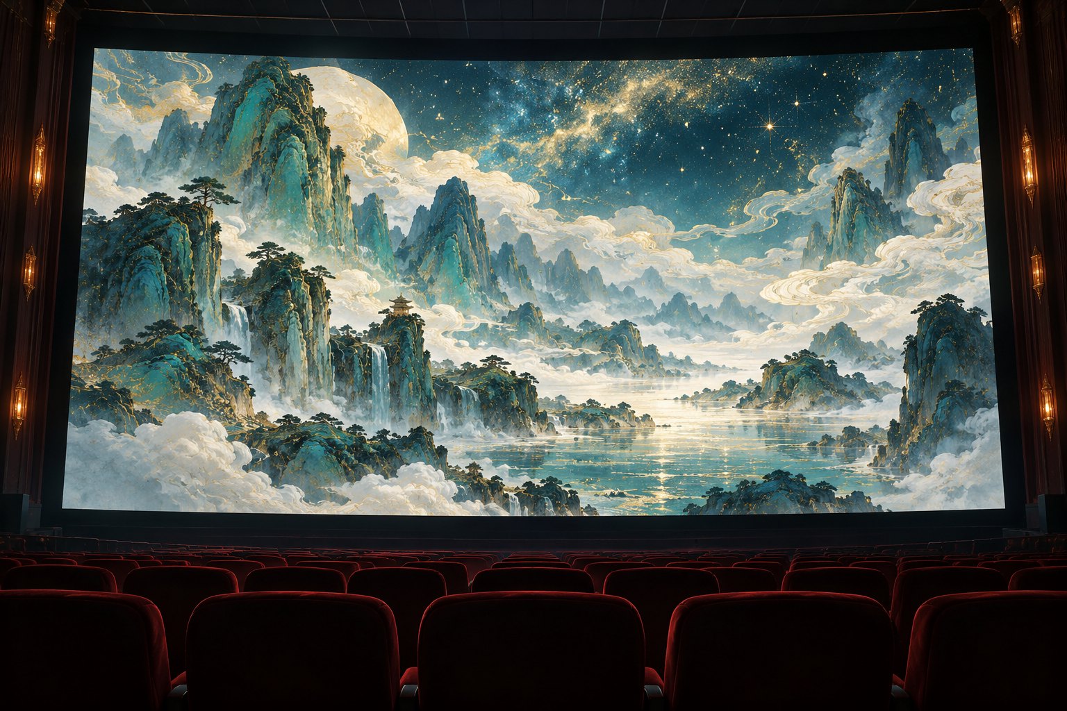影院银幕上铺展青绿山水与星光的原创主题插画,非影片剧照