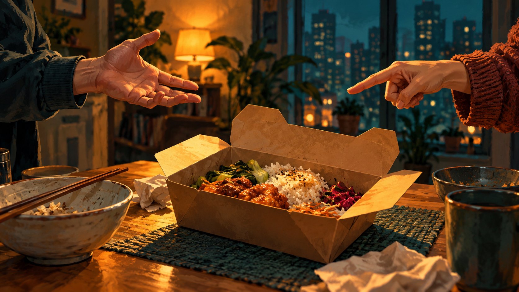 外送餐盒擺在餐桌中央，兩側伸出的手呈現爭執姿態，為非電影劇照的情境插畫。