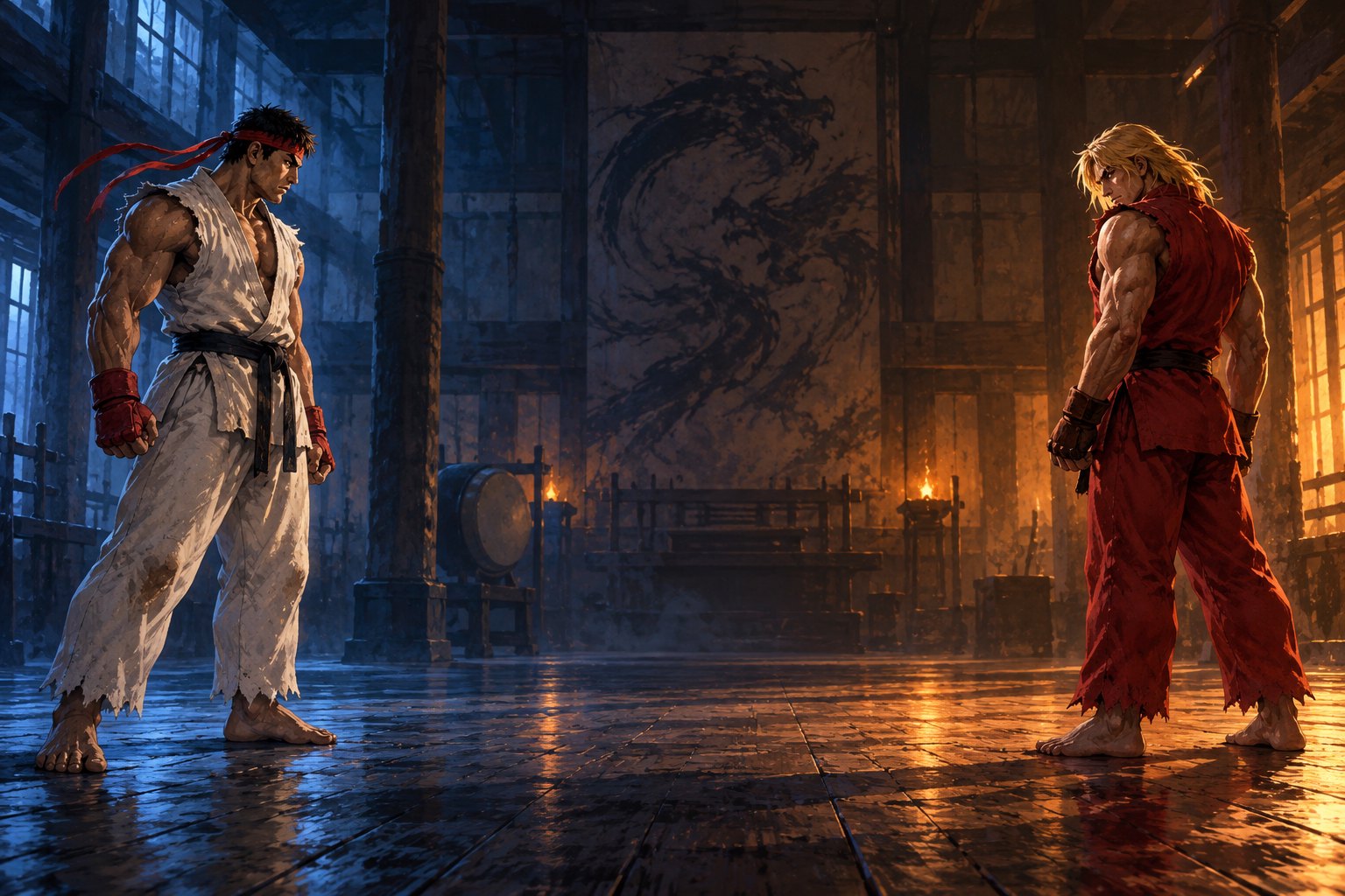 Interpretive illustration of Ryu and Ken facing each other across a training hall lit in blue and amber.