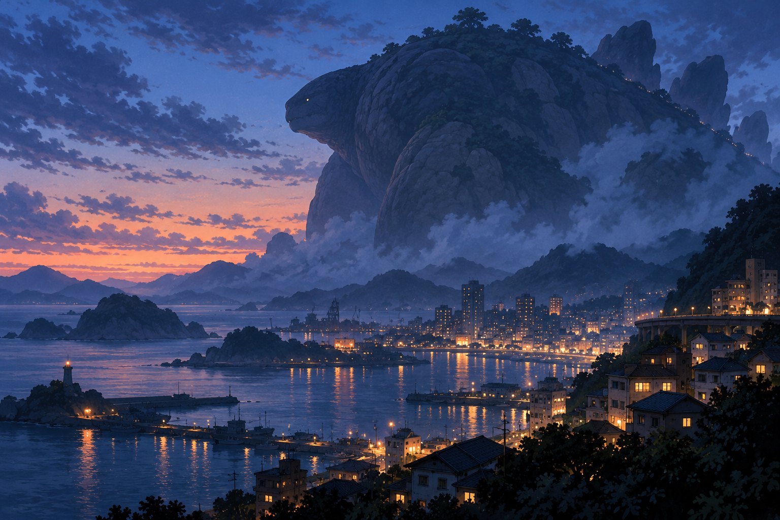 Conceptual illustration of a colossal stone-textured creature looming beyond a misty coastal city at blue hour.
