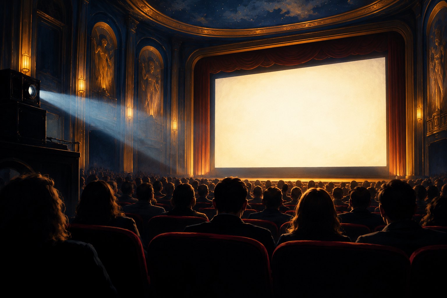 Conceptual illustration of an audience facing a glowing blank screen in an ornate movie theater.