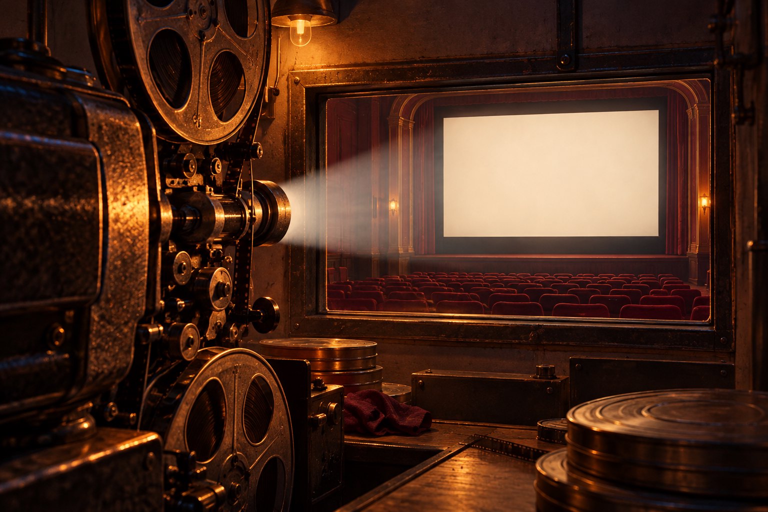Conceptual illustration of a vintage projector facing a blank screen above rows of empty theater seats.