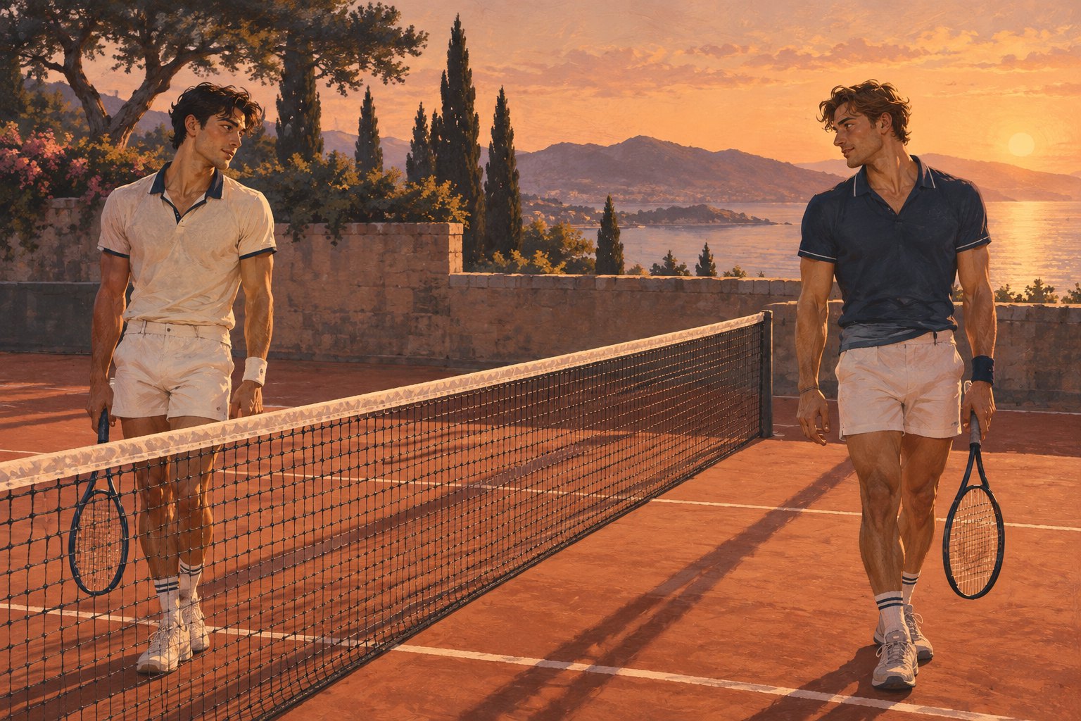 Editorial illustration of two adult male tennis players looking across a net on a terracotta court at sunset.