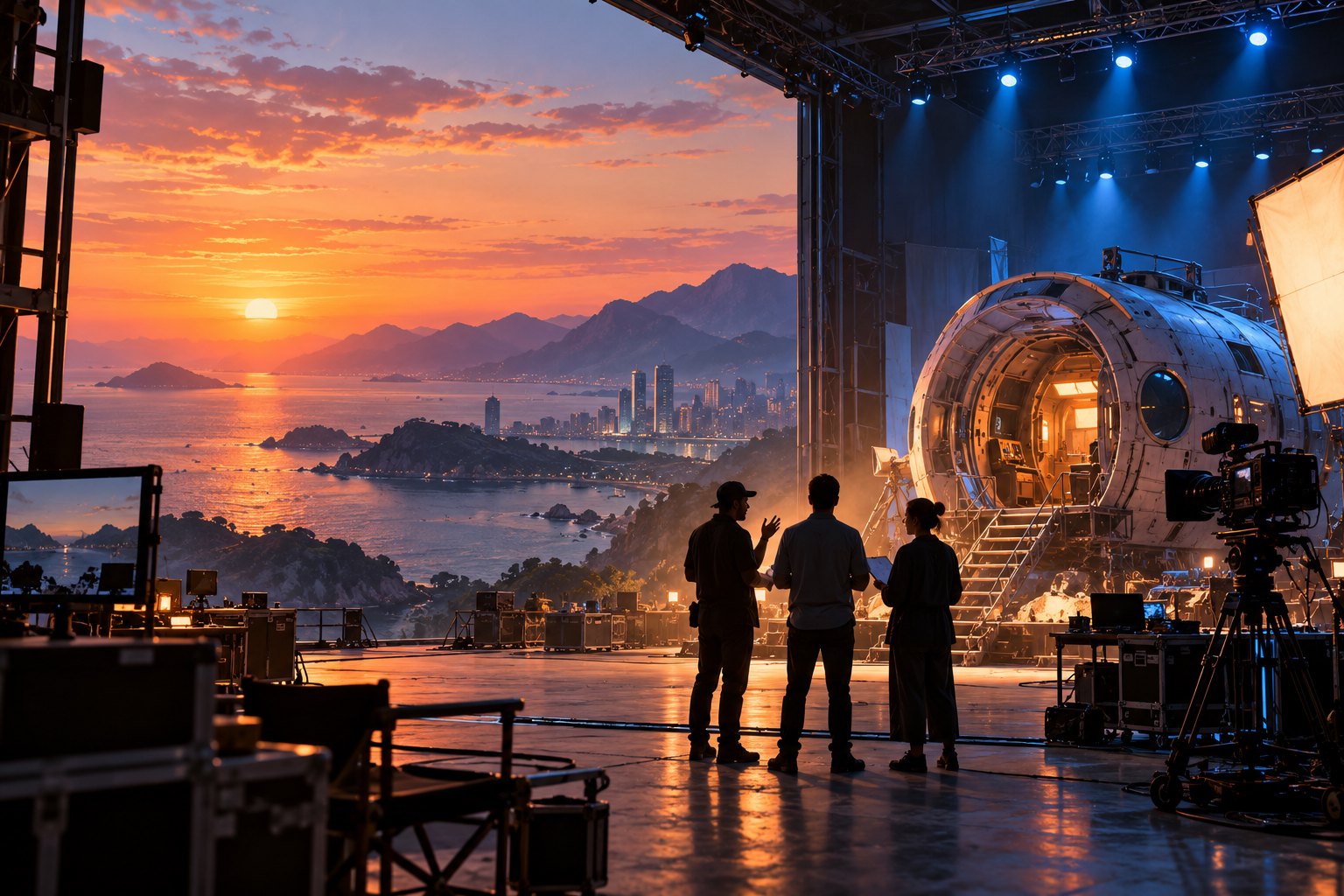 海湾暮色与摄影棚内的太空舱布景、摄影机和创作者背影相映，科幻电影创作概念插画