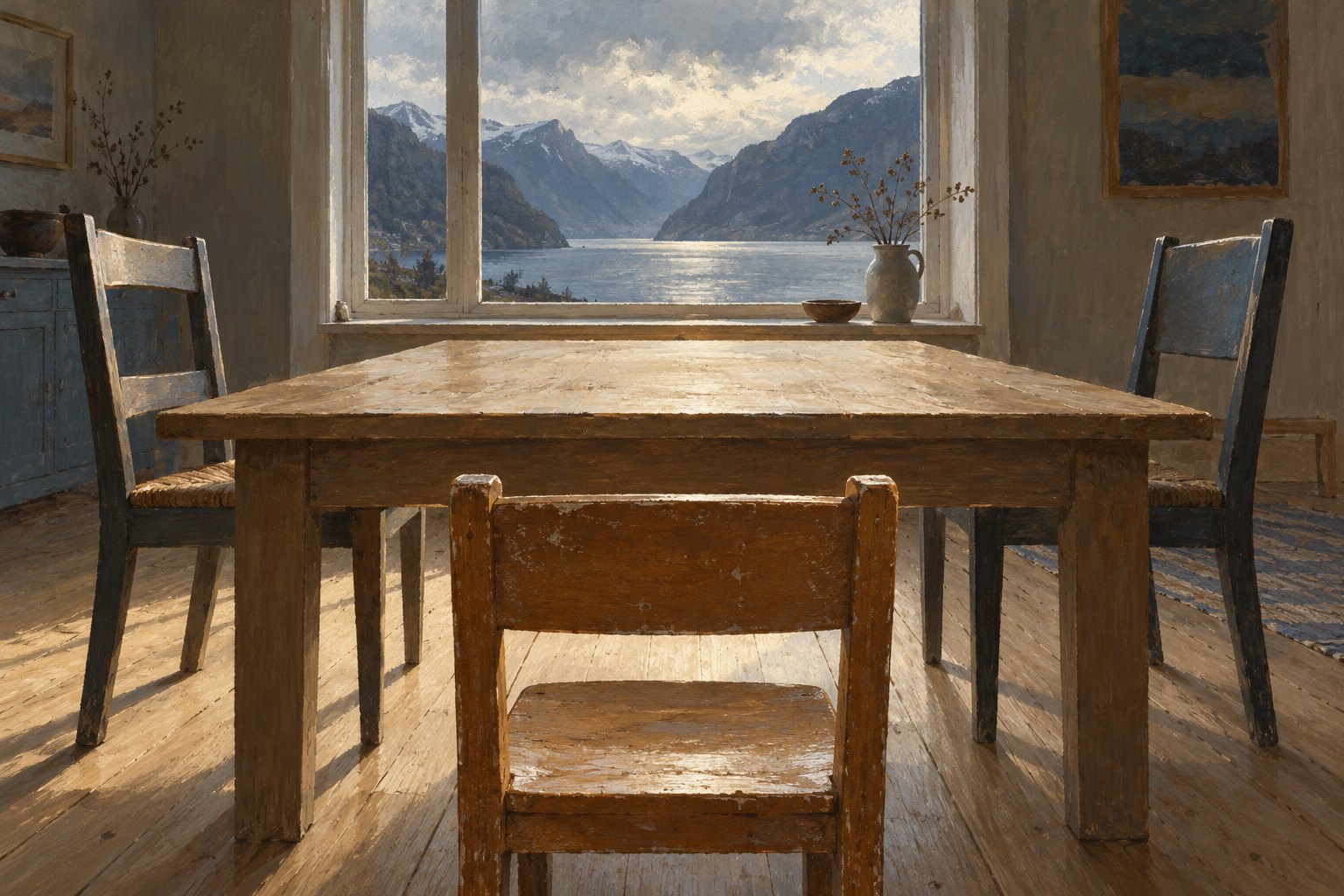 Conceptual illustration of a small chair between larger chairs at a wooden table overlooking a fjord.