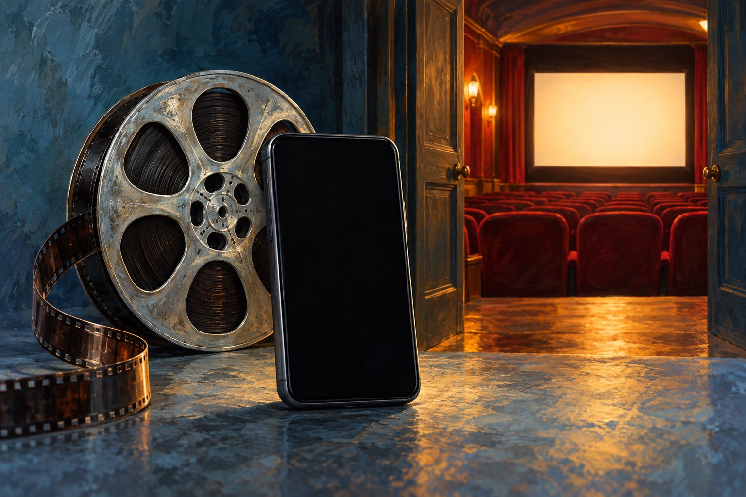 Conceptual illustration of a blank smartphone beside a film reel and an open doorway into an illuminated movie theater.