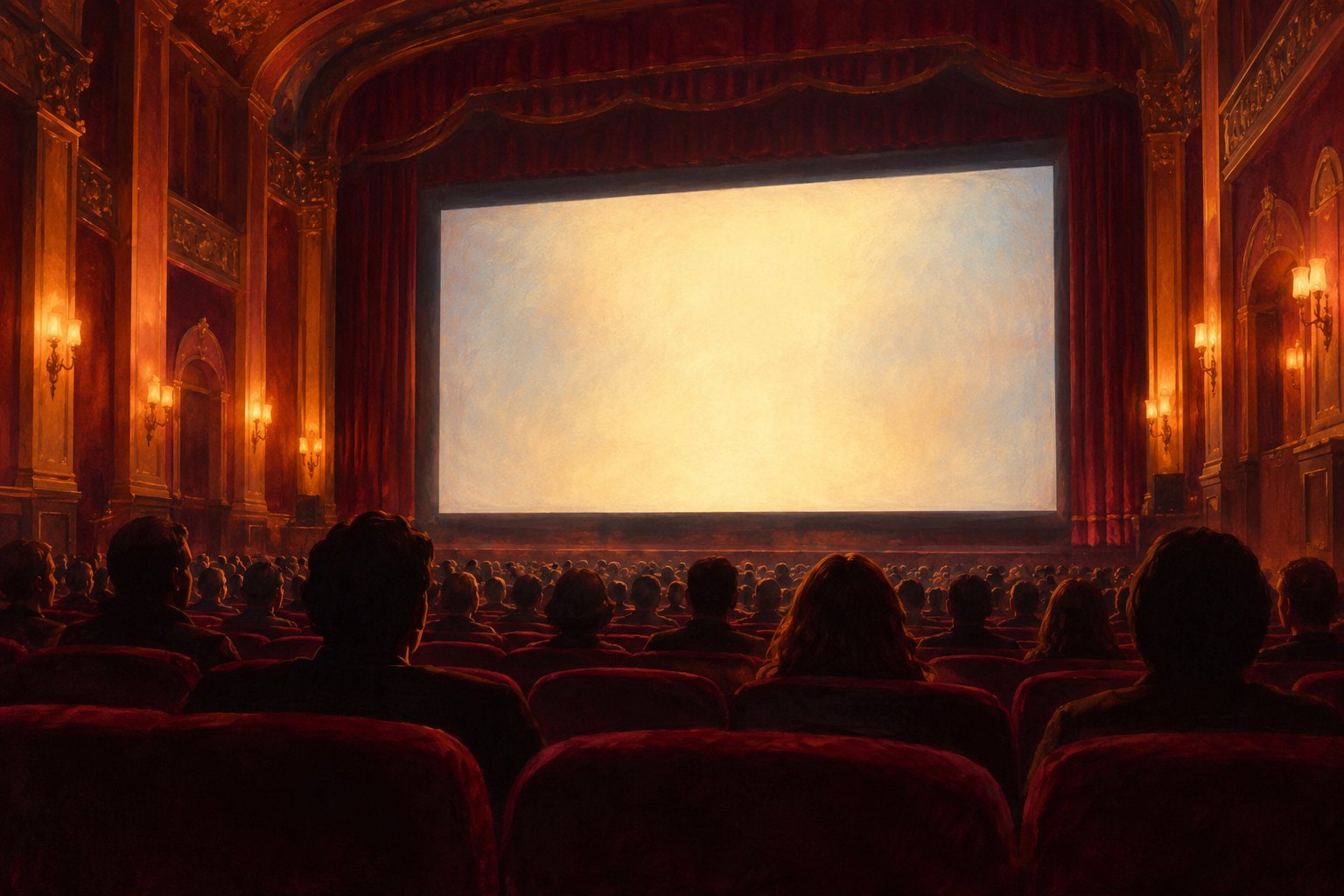 Conceptual illustration of an audience facing a glowing movie screen in a warmly lit theater.
