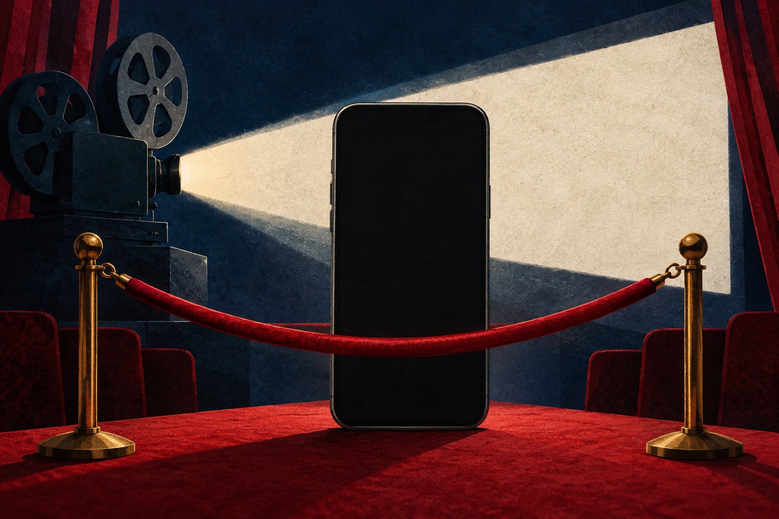 Conceptual illustration of a dark smartphone behind a red velvet rope as a film projector casts light across a theater.