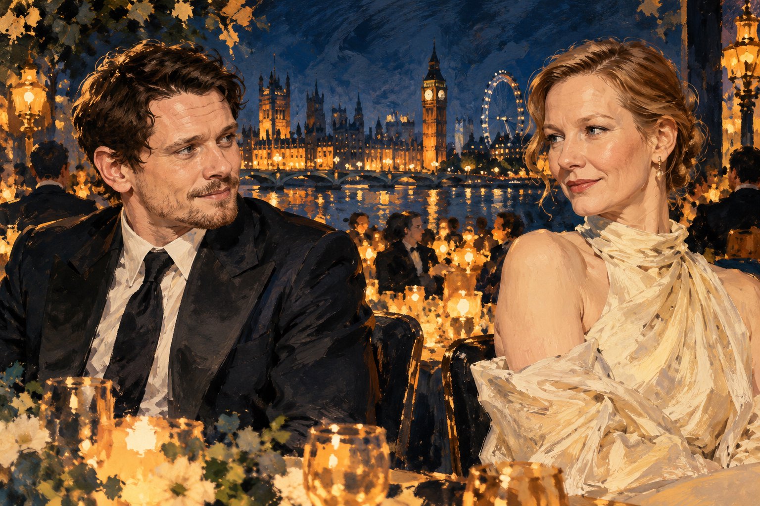 Editorial painting of Jack O’Connell and Sandra Hüller against an imagined candlelit dinner setting and London skyline.
