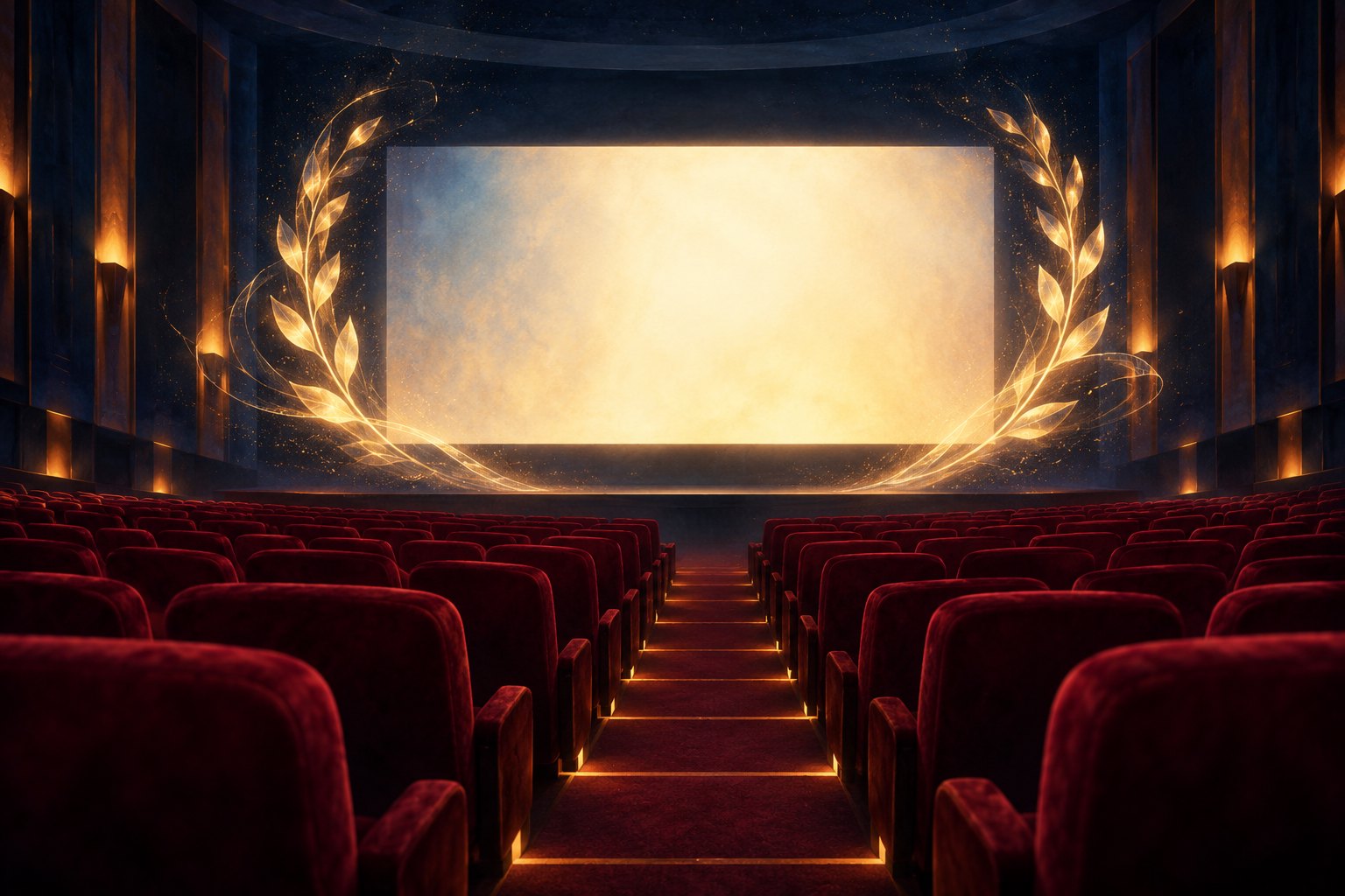 Conceptual illustration of an empty cinema with burgundy seats and a glowing golden laurel surrounding a blank screen.
