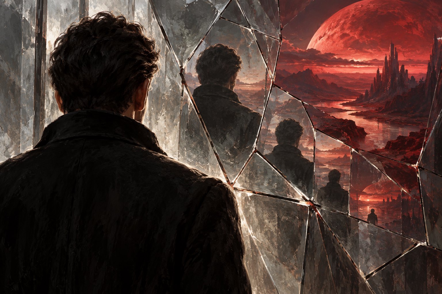 A dark-coated figure faces fractured reflections beside an imagined red planetary landscape in a conceptual illustration.