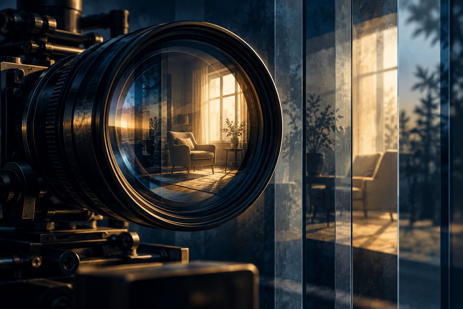 Conceptual illustration of a cinema camera lens reflecting an empty armchair and sunlit window through layered glass.