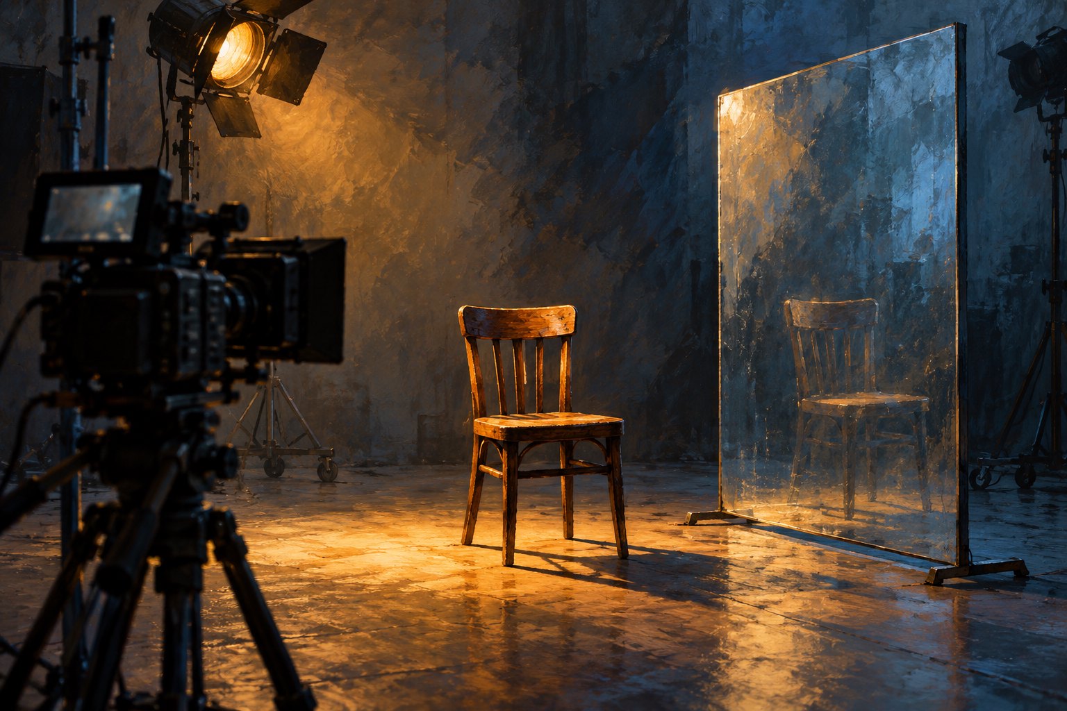 Conceptual illustration of a film camera facing an empty wooden chair reflected in a glass panel.