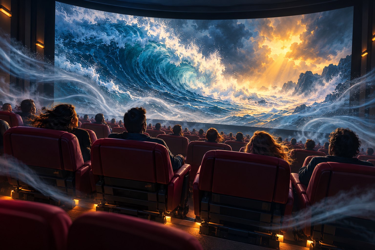 Conceptual illustration of a cinema audience facing a stormy ocean scene, with airy swirls surrounding burgundy seats.
