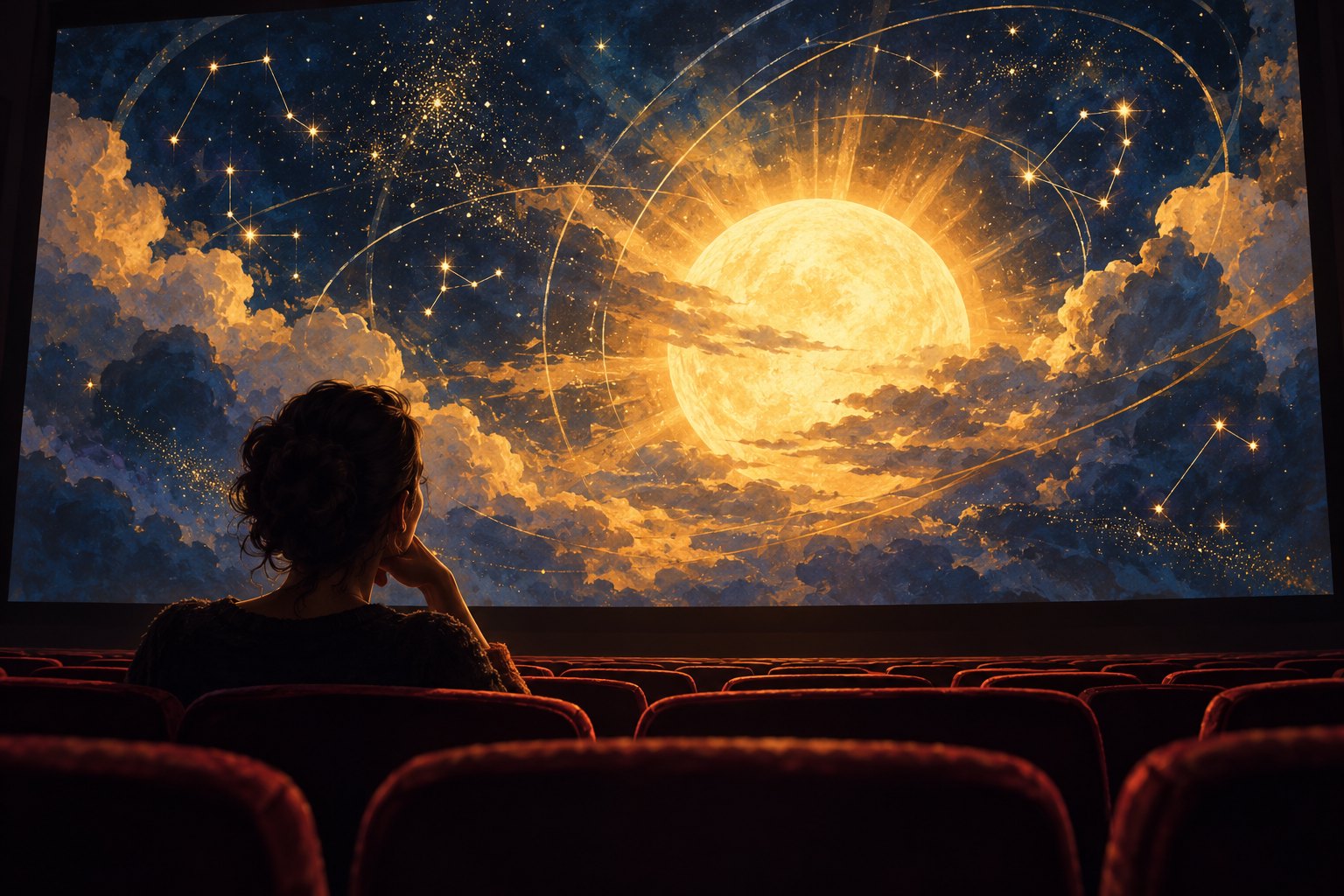 觀眾坐在電影院中,凝視銀幕上金色太陽與星空交織的想像畫面